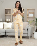 Cat Printed Collared Co-ord Set - Powder Yellow
