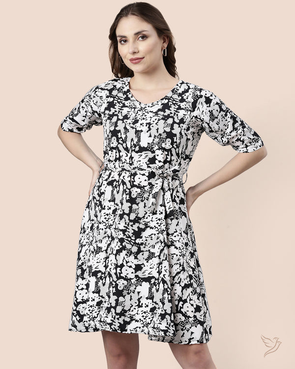 Black Floral Printed Women Polyester Midi Dress