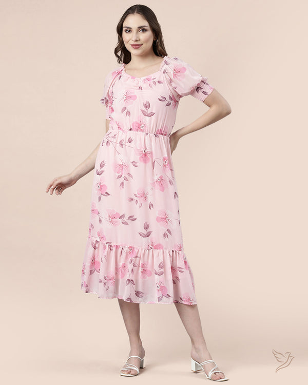 Baby Pink Floral Printed Women Smocked Dress