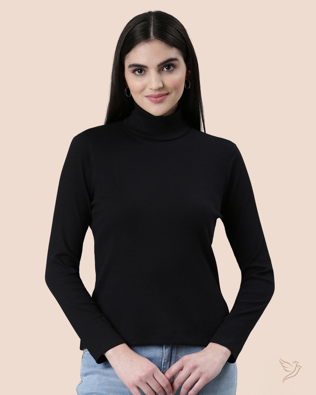 Buy Black Women Stylish Turtle Neck Ribbed Tee Online