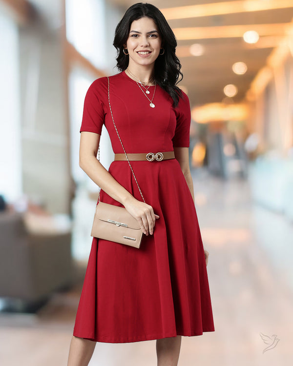Women Solid Cotton Knitted Dress - Burgandy
