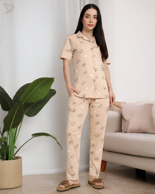 Teddy Printed Collared Co-ord Set - Toasted Almond