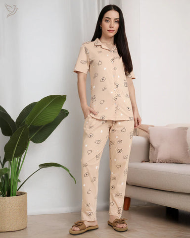 Teddy Printed Collared Co-ord Set - Toasted Almond