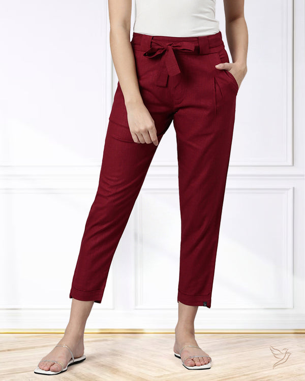 Burgandy Women Knotted Straight Pant