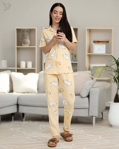 Cat Printed Collared Co-ord Set - Powder Yellow