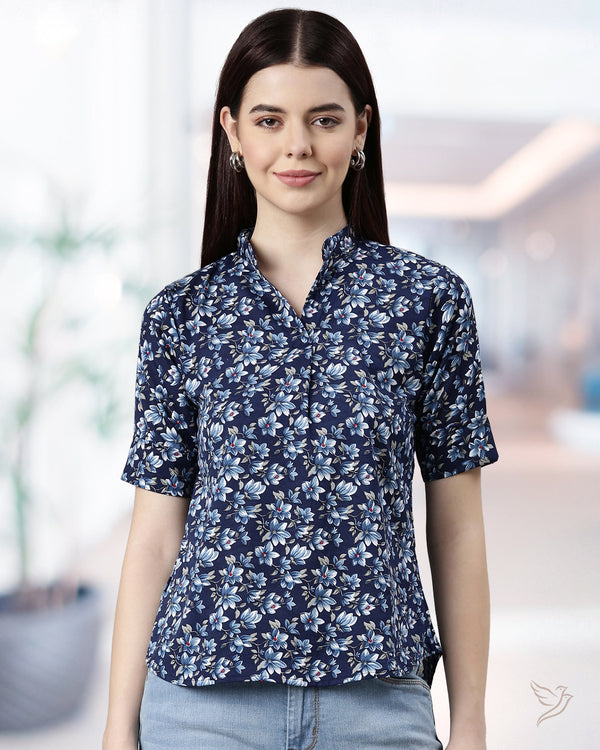 Women Placket Poly Top Navy Floral