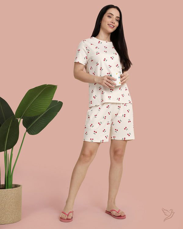 Cherry Printed Co-ord Shorts Set - Ivory