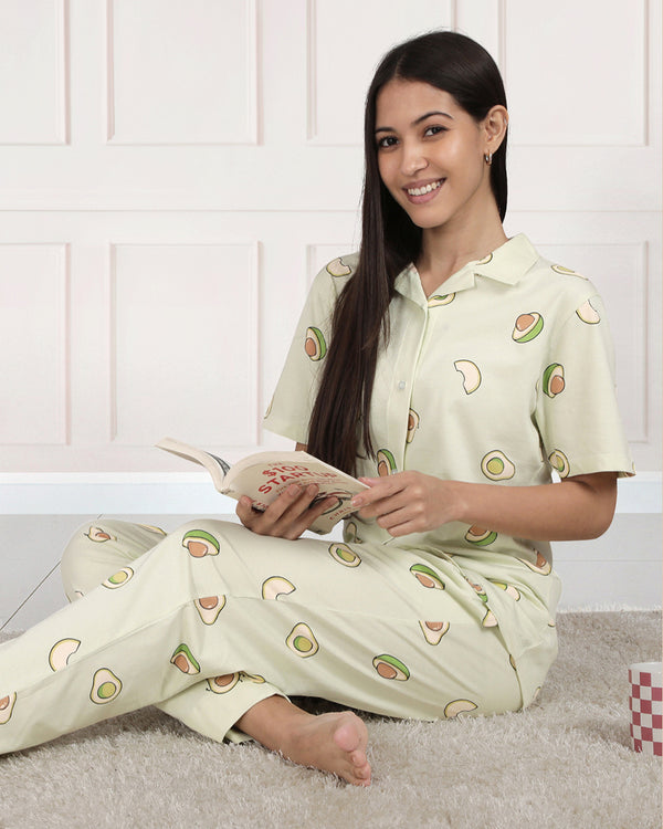 Avacado Printed Collared Co-ord Set - Aloe Wash.