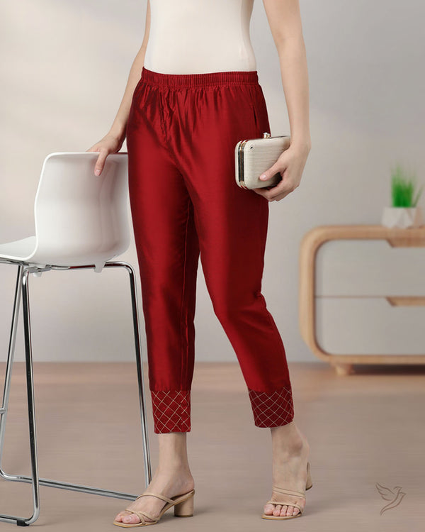 Embroidered Metallic Straight Pant - Plum Berry