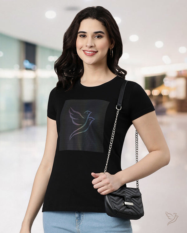 Women Slim Fit Letter Tee - Carbon Black