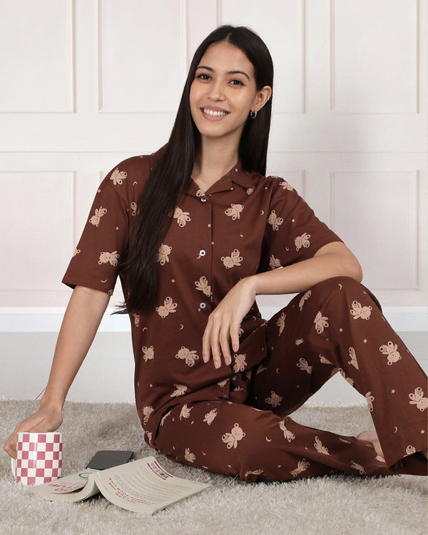 Teddy Printed Collared Co-ord Set- Maple Syrup.