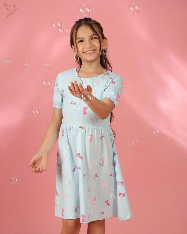 Barbie Kids Half Sleeve Dress - Aqua Blue