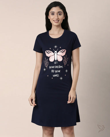 Butterfly Printed Long Tee - Navy Blue