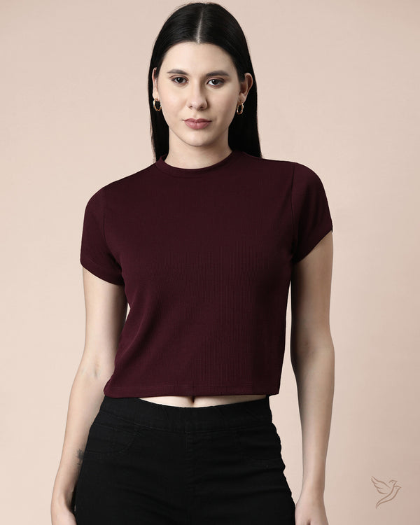 Women Ribbed Crop Top - Wine