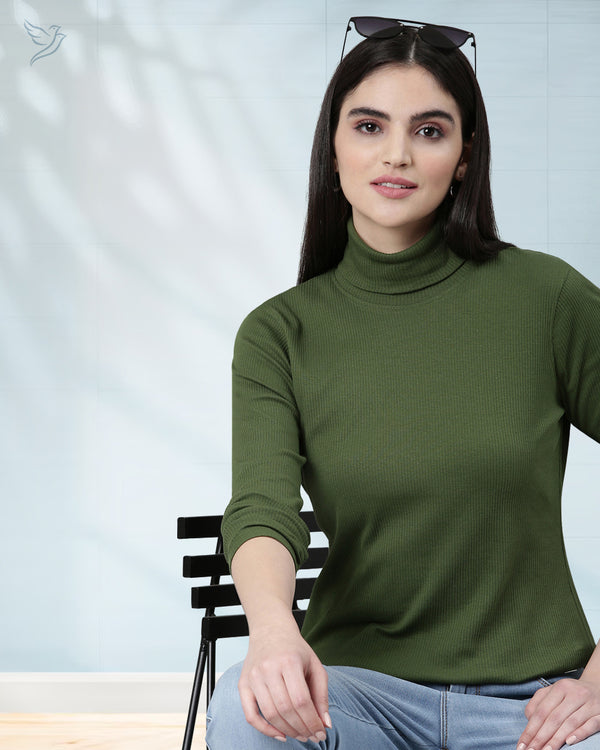 Women Turtle Neck Ribbed Tee - Green