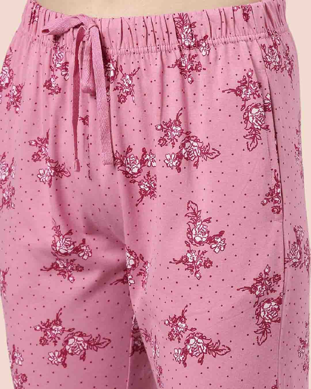 Comfortable Pink Printed Women Lounge Wear Pyjama Set