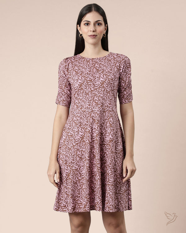 Women AOP Knitted Dress - Brown