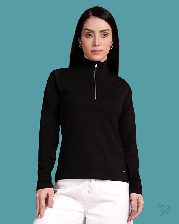 High Neck - Zip Closure Top - Black