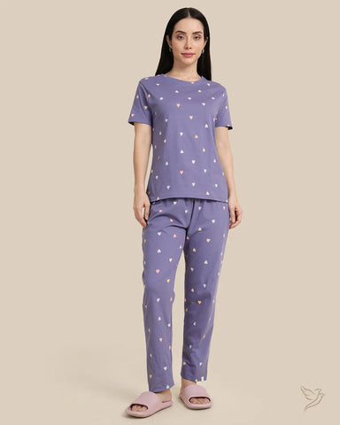 Heart Printed Co-ord Set - Purple Loungewear