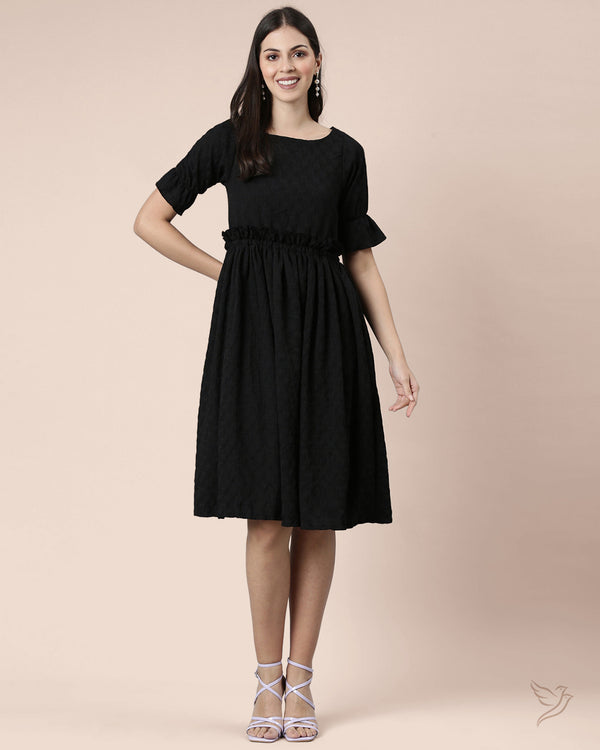 Women Ruffle Waist Dress - Black