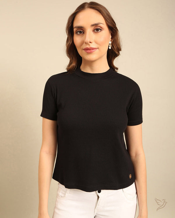 Close Neck Rib Tee - Black