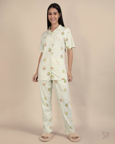 Avacado Printed Collared Co-ord Set - Aloe Wash