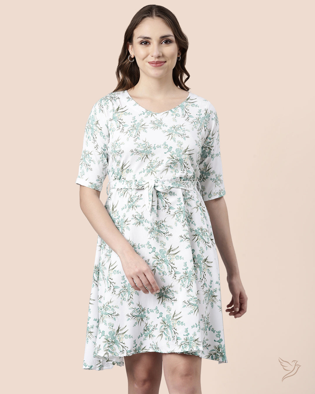  Pearl White Printed Women Polyester Midi Dress