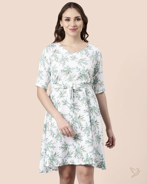  Pearl White Printed Women Polyester Midi Dress