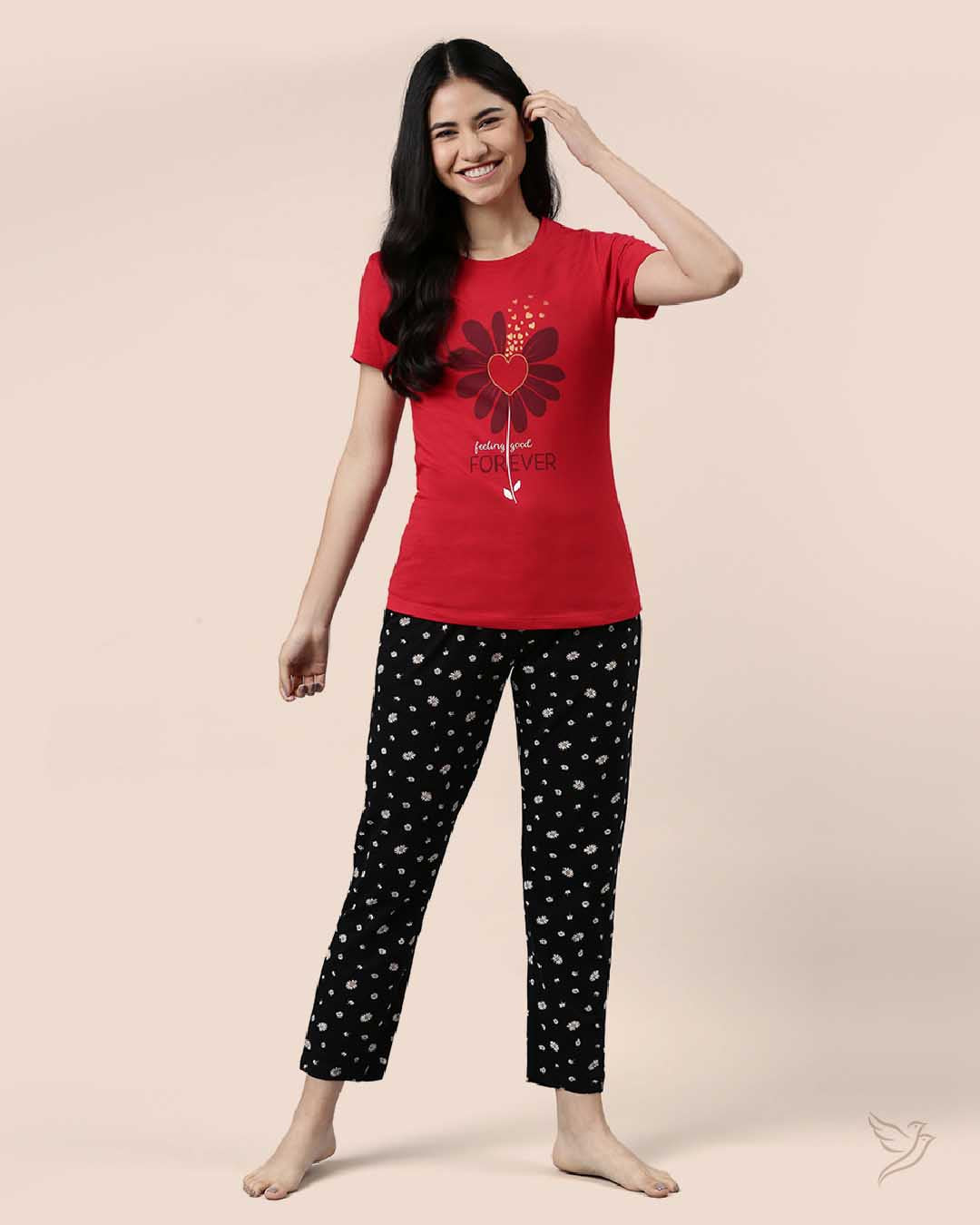 Red & Black Printed Lounge Wear Pyjama Set for Women