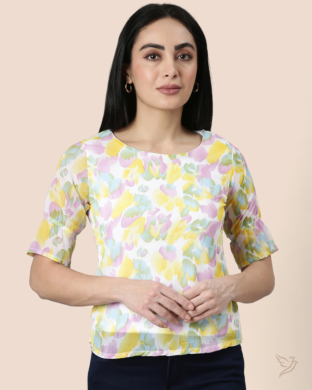 Yellow & White Women Georgette Short Top