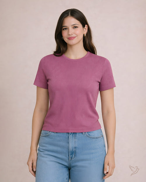 Round Neck Rib Tee - Wild Rose