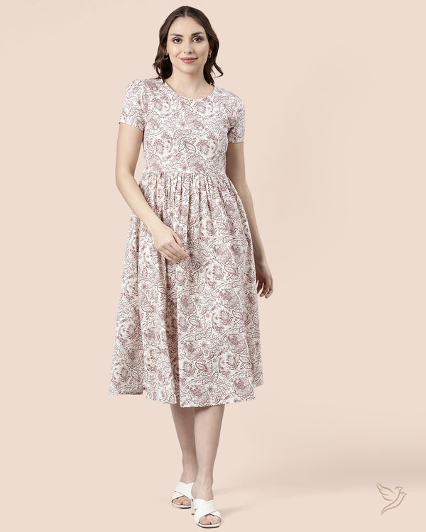 White & Brown Printed Women Cotton Dress