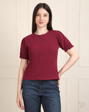 Textured Puff Sleeve Tee - MehandiMaroon