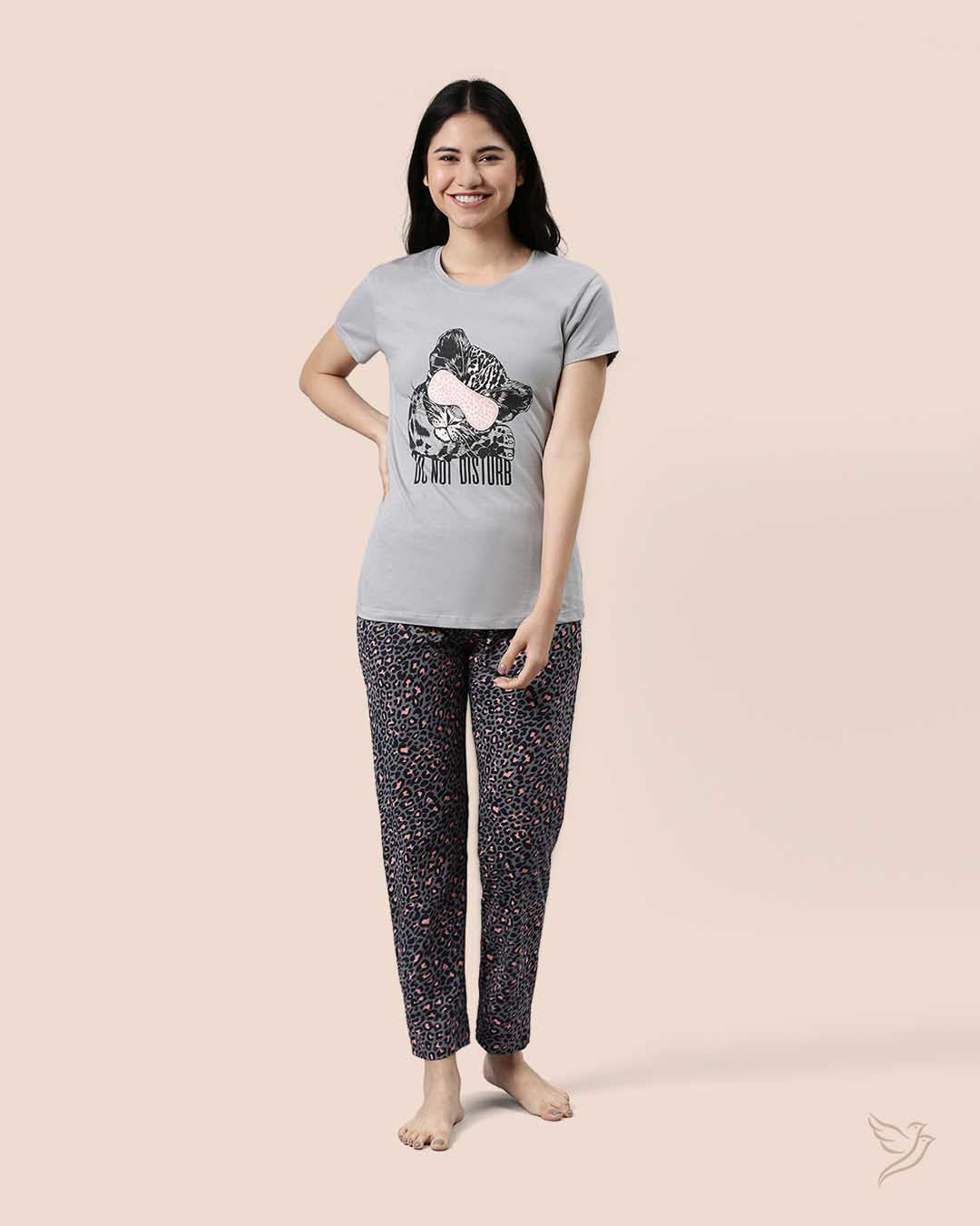 Grey & Black Women Printed Lounge Wear Pyjama Set