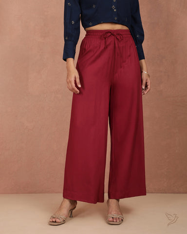 Solid Wide Leg Palazzo - Mehandi Maroon