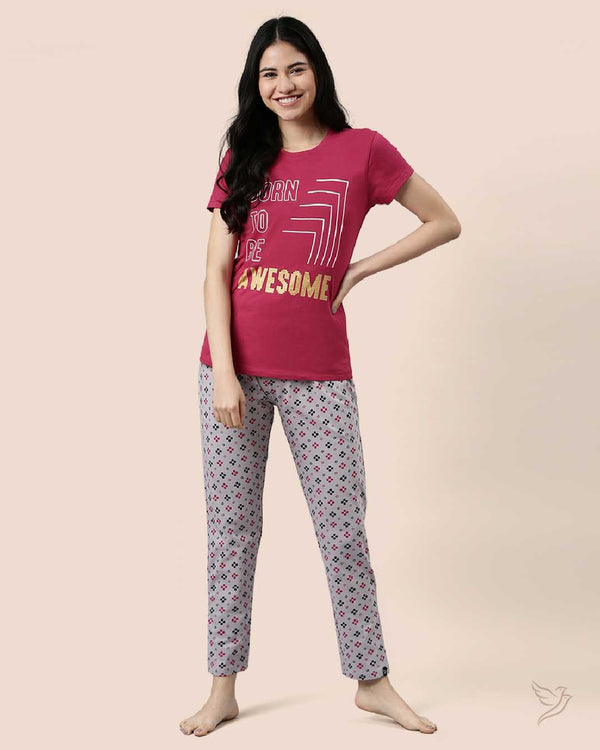 Maroon & Grey Women Printed Lounge Wear Pyjama Set