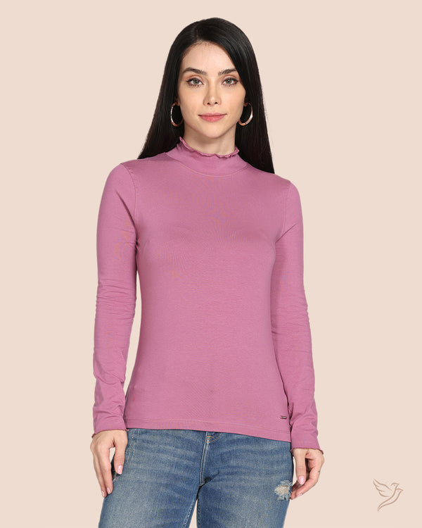 High Neck Frill Tee - Wild Rose