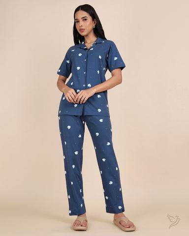 Dolphin Printed Collared Co-ord Set - Ensign Blue