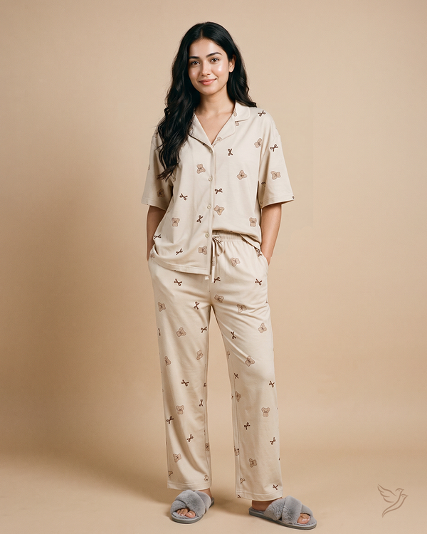 Bear & Bow Printed Collared Co-ord Set - Smoke gray