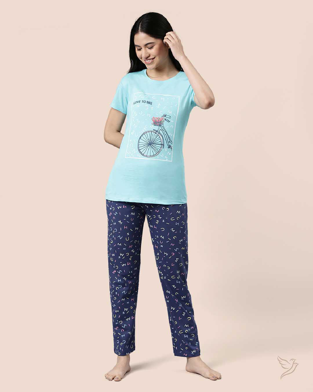 Blue & Navy Printed Lounge Wear Pyjama Set for College Girls