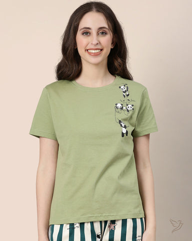 Panda Printed Relaxed Fit Tee - Sage