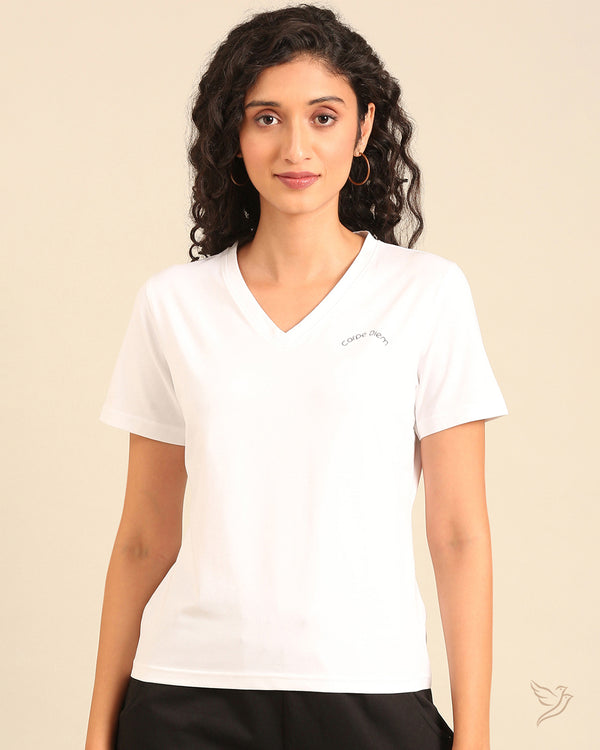 Printed V Neck Tee - White