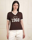 Contrast V Neck Printed Tee - DarkChocolate/Vanilla