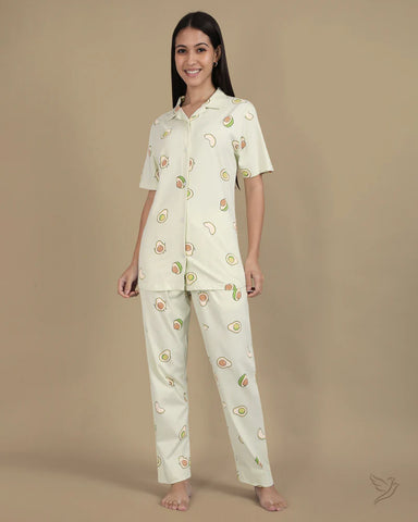 Avacado Printed Collared Co-ord Set - Aloe Wash