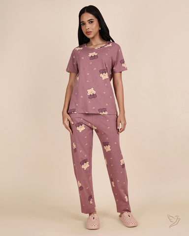 Teddy Bear Printed Co-ord Set - Dusky Orchid