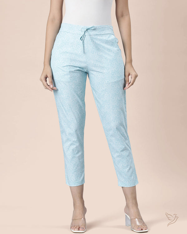 Women AOP Straight Pant - Sky Blue