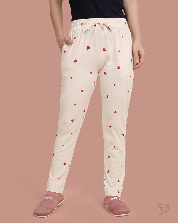 Red Heart Printed Night Pants - Off - white