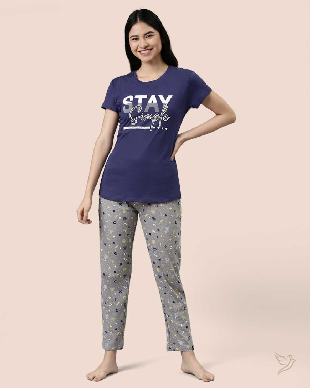 Navy & Grey Women Printed Lounge Wear Pyjama Set