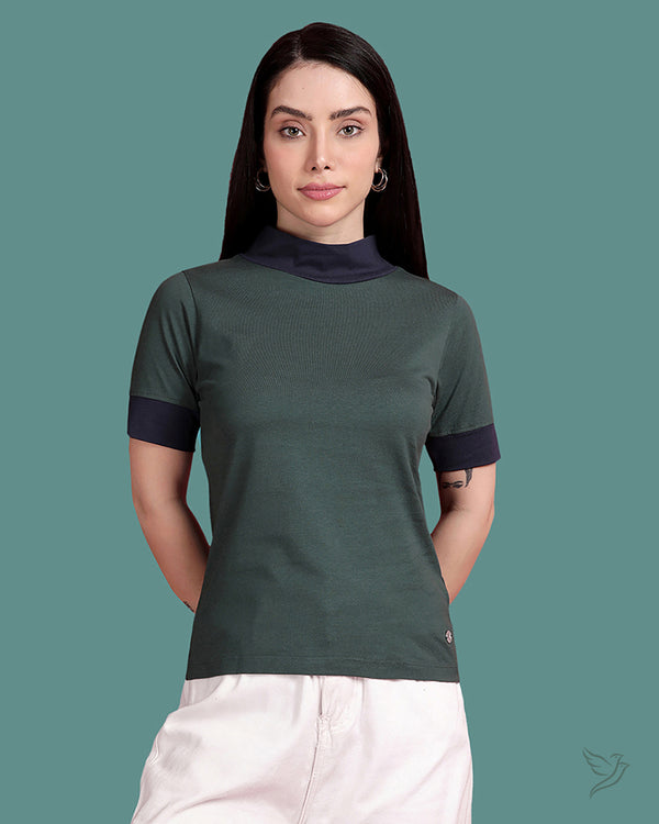 High Neck - Colour Block Top - Bottle Green