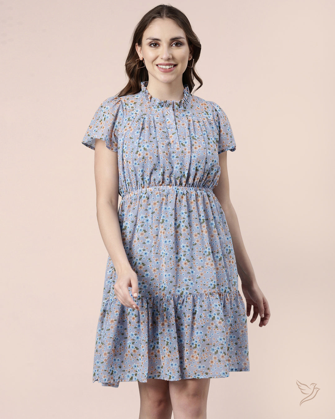 Comfortable Blue Floral Printed Cap Sleeve Dress